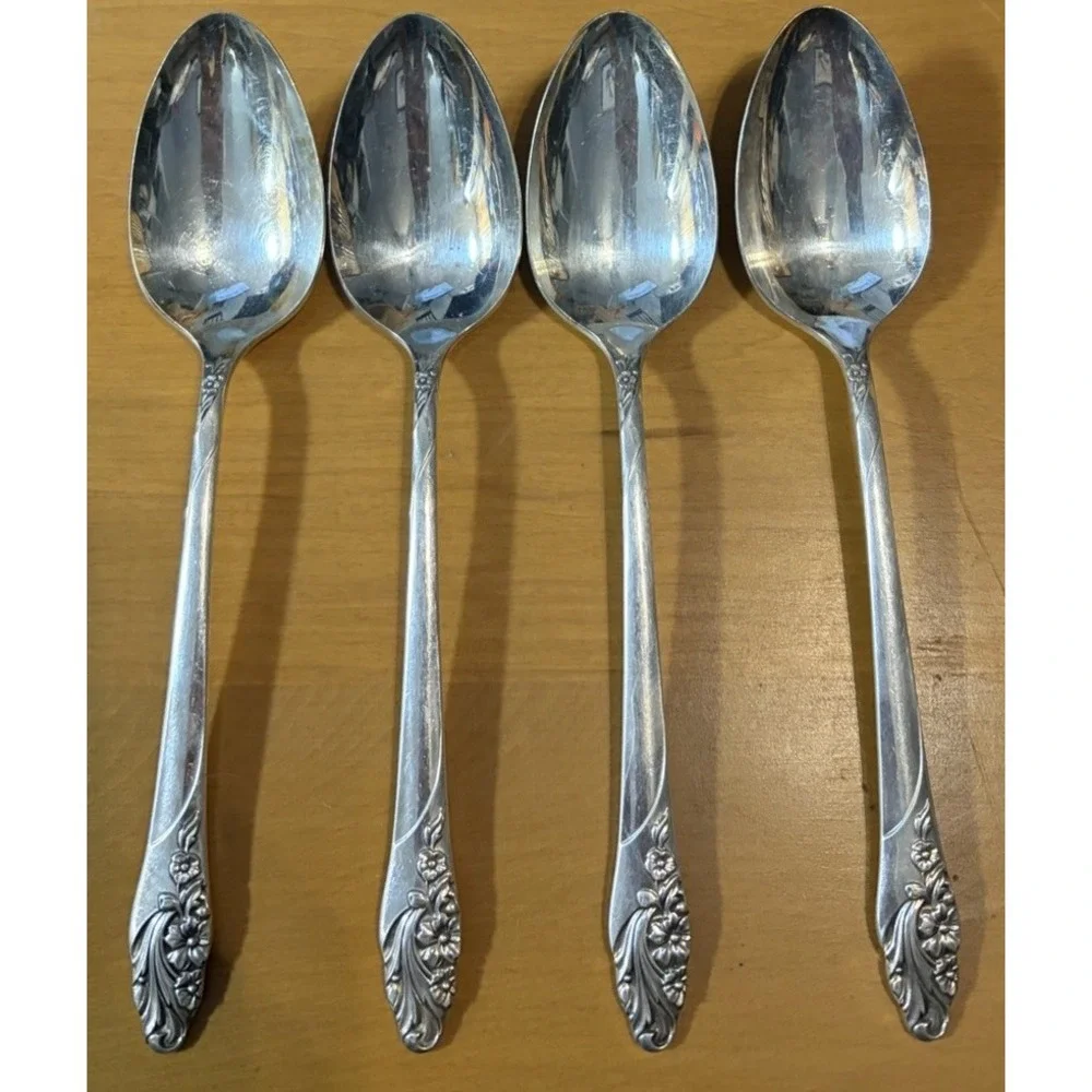 Lot 4 Oneida Community Evening Star Silverplate Tablespoons Serving Spoons 8.5